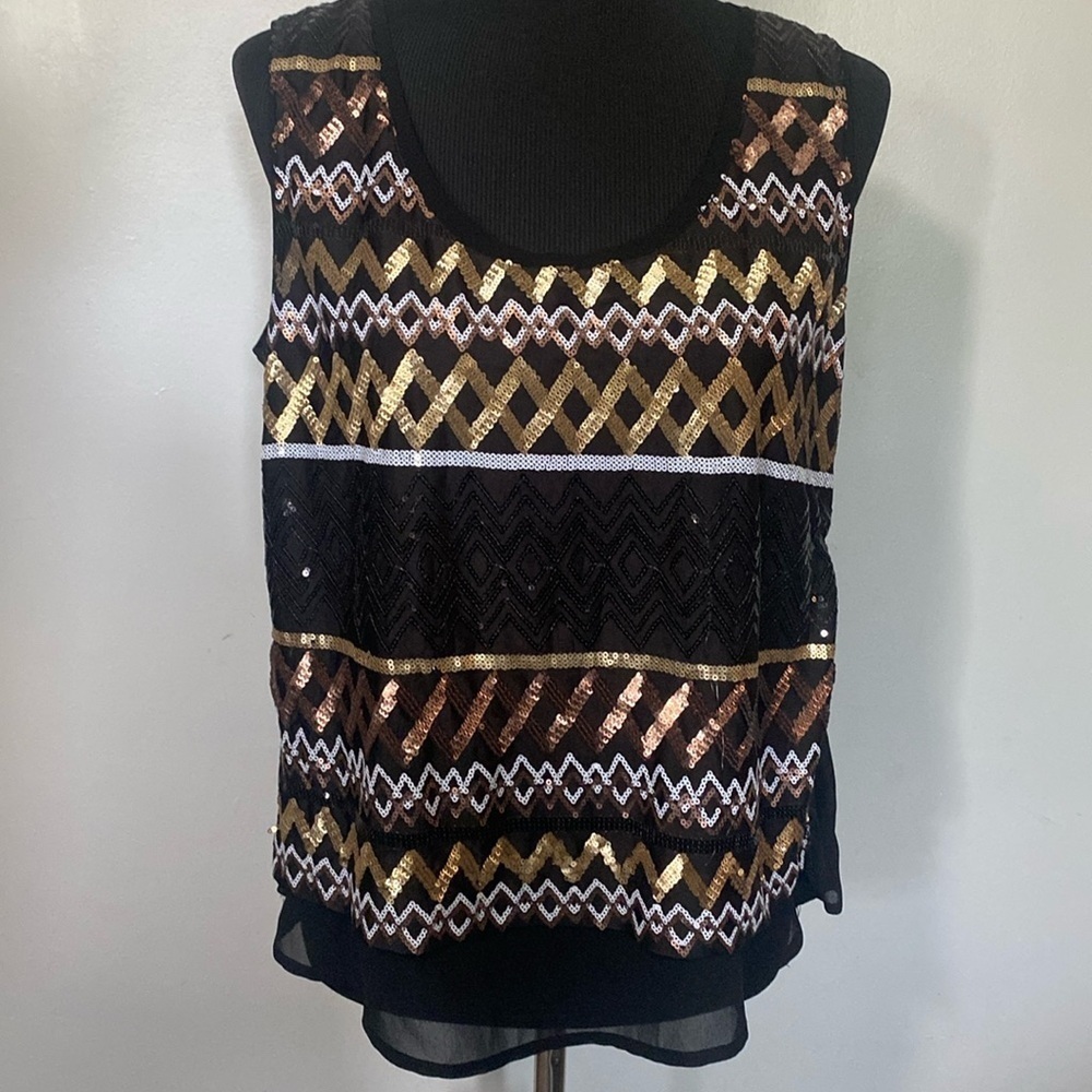 Anthropologie Skies Are Blue Black Beaded & Mixed Metal Sequin Tank Top Sz L